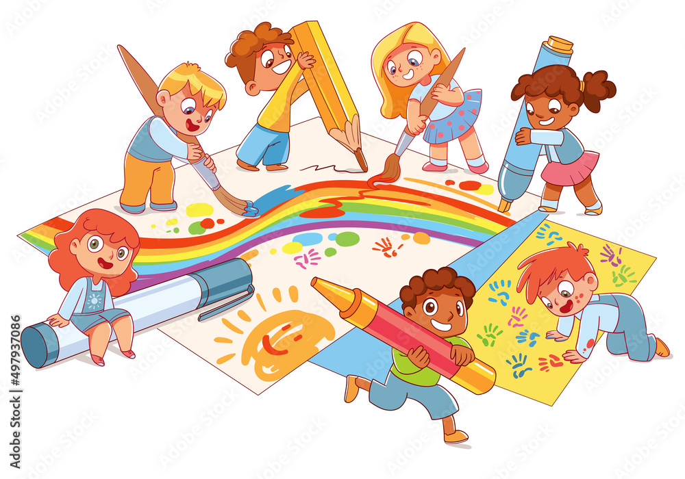 Wall mural group of small children draw big picture together using large art supplies. colorful cartoon charact