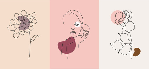 Simple Style Flower Line Vector Illustration Hand Drawn Woman Portrait Print Abstract Woman. Use it for social network stories, beauty logos, posters, cards, t-shirt prints.