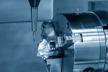 The  4-axis  machining center cutting the turbocharger parts with solid ball end mill tool.