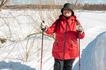 Nordic walking. Elderly woman walks in nature.