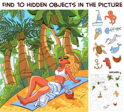 Girl sunbathing on the beach under palm trees. Find 10 hidden objects in the picture. Puzzle Hidden Items. Funny cartoon character. Vector illustration. Set