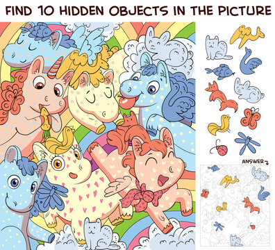 Pony pattern. Find 10 hidden objects in the picture. Puzzle Hidden Items. Funny cartoon character. Vector illustration. Set