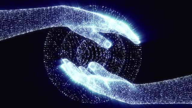 Silhouette two human hand holding spherical form from particles isolated on black background. Technology futuristic concept of people social connection and psychology relations. 3d animation.