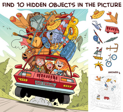 Travel by car on family vacation. Find 10 hidden objects in the picture. Puzzle Hidden Items. Funny cartoon character. Vector illustration. Set