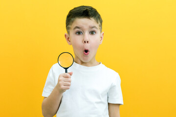 Positive curious schoolboy in white t-shirt looking at camera through magnifying glass