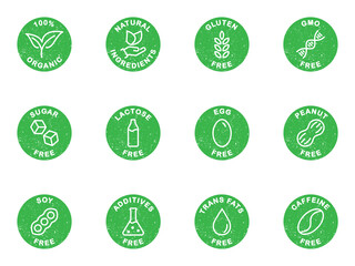 Allergen free icons set. Common allergens. Dietary allergens icons. Grunge texture green color. Vector illustration.