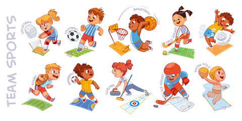 Team sport. Volleyball, football, basketball, hockey, dodgeball, rugby, handball, curling, water polo. Colorful cartoon characters. Funny vector illustration. Isolated on white background. Set