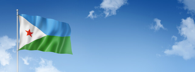 Djibouti flag isolated on a blue sky. Horizontal banner
