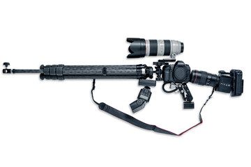 Weapon shaped camera equipment arrangement illustrating modern media warfare using photography for...