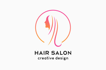 Hair salon or hair care logo design, woman face with creative line art concept in circle