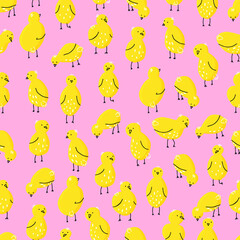 pattern with chickens in different poses. Vector seamless pattern with cute little chickens on a colored background