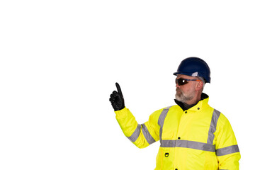Fototapeta premium A construction worker in hi-viz and safety glasses pointing finger up isolated on white background. Safety on construction site banner concept