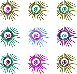 A set of suns of the same shape and different colors. Vector file for designs.