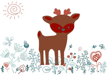 A little fawn among different plants. Vector file for designs.
