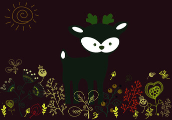 Cute little deer among different plants. 
 Vector file for designs.