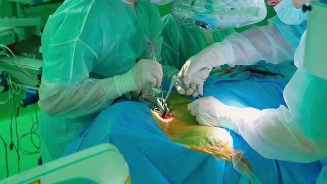 the doctor looks at the wound in the operating room in a special microscope. the hands of the surgeon in gloves hold the surgical instrument during the operation.