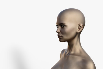3D render portrait of a bald caucasian woman on a white background. 