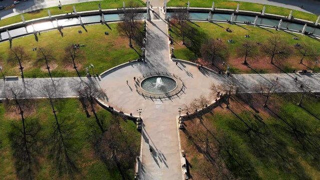 Aerial view of Padua in northern Italy. Drone view of Prato della Valle. A canal in the shape of an ellipse around the central part of the square. Bridges over the canal and a double row of statues
