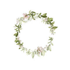 Watercolor floral wreath. Hand painted frame of green leaves, spring wild flowers, field summer bloom, herbs. Border isolated on white background. Iillustration for card design, print, background