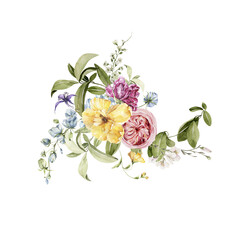 Watercolor floral bouquet. Hand painted set of green leaves, spring wild flowers, field summer bloom, herbs isolated on white background. Iillustration for card design, print, background