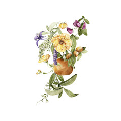 Watercolor floral bouquet. Hand painted set of green leaves, spring wild flowers, field summer bloom, herbs isolated on white background. Iillustration for card design, print, background