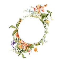 Watercolor floral wreath. Hand painted frame of green leaves, spring wild flowers, field summer bloom, herbs. Border isolated on white background. Iillustration for card design, print, background