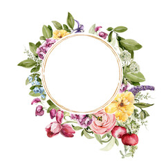 Watercolor floral wreath. Hand painted frame of green leaves, spring wild flowers, field summer bloom, herbs. Border isolated on white background. Iillustration for card design, print, background