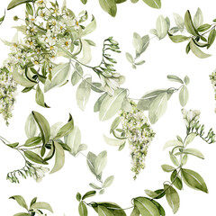 Watercolor floral seamless pattern Hand painted green leaves, spring wild flowers, field summer bloom, herbs isolated on white background. Iillustration for card design, print, background