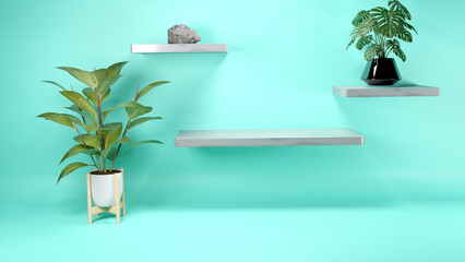 3d rendering abstract platform with plants podium product presentation on wall