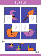 Puzzle for kids. Find the missing parts of the picture. Simple educational game. Cut and glue. Vector worksheet