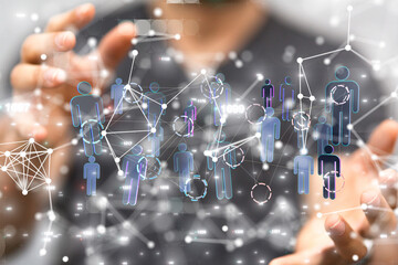 holding 3D rendering group of blue people