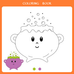 Simple educational game for kids. Vector illustration of cute witch cookware with potion for coloring book