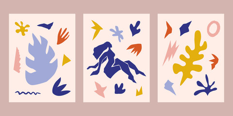 Set of collage postes for design. Trendy minimal flat memphis Matiss style elements. Abstract shapes. Hand drawn vector illustration. Isolated on background.