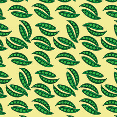 Seamless pattern background of hand drawn green peas plant in doodle art style on yellow background