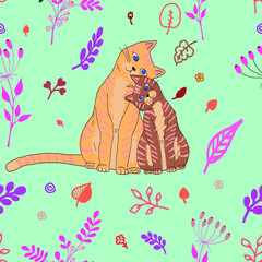 Vector seamless pattern with two cute cats.