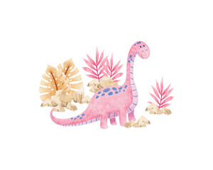 Watercolor illustration with cute pink dinosaurs and tropical vegetation. Сan be used for stationery design (postcards, calendars, notebooks, booklet etc.), clothing print, etc., phone case design etc