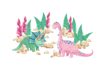 Watercolor illustration with cute turquoise and pink dinosaurs. Сan be used for stationery design (postcards, calendars, notebooks, booklet etc.), clothing print, etc., phone case design etc
