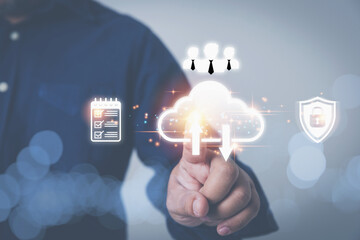 Businessman touching on virtual clouds computing technology transformation databases for upload and...