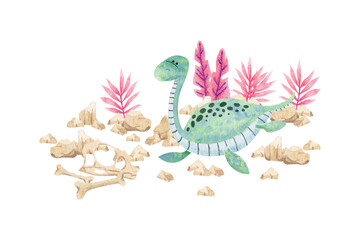 Watercolor illustration with cute turquoise dinosaurs. an be used for stationery design (postcards, calendars, notebooks, booklet etc.), clothing print, etc., phone case design etc