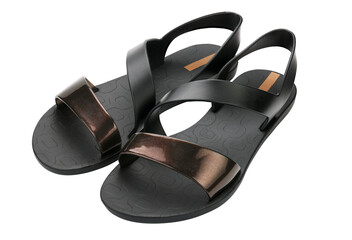 Brown summer flip-flops on isolated on white background. A pair of house shoes. Minimalist,...