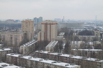 Naklejka premium An aerial view over a residential area in typical Soviet architecture 