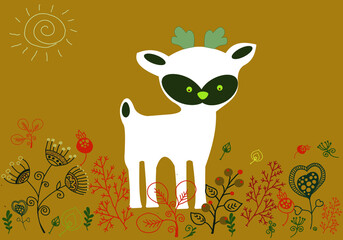 Cute little deer among different plants. Vector file for designs.
