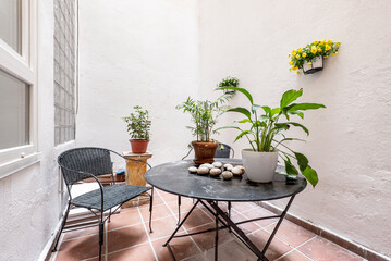 Patio with black circular folding metal table with matching chair and green plants on the table