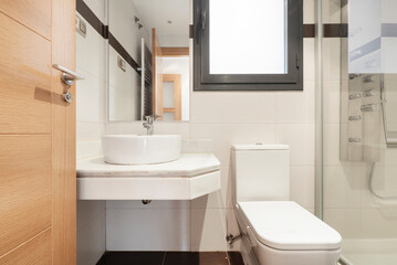 Bathroom with white marble top and porcelain sink, shower stall and frameless rectangular mirror