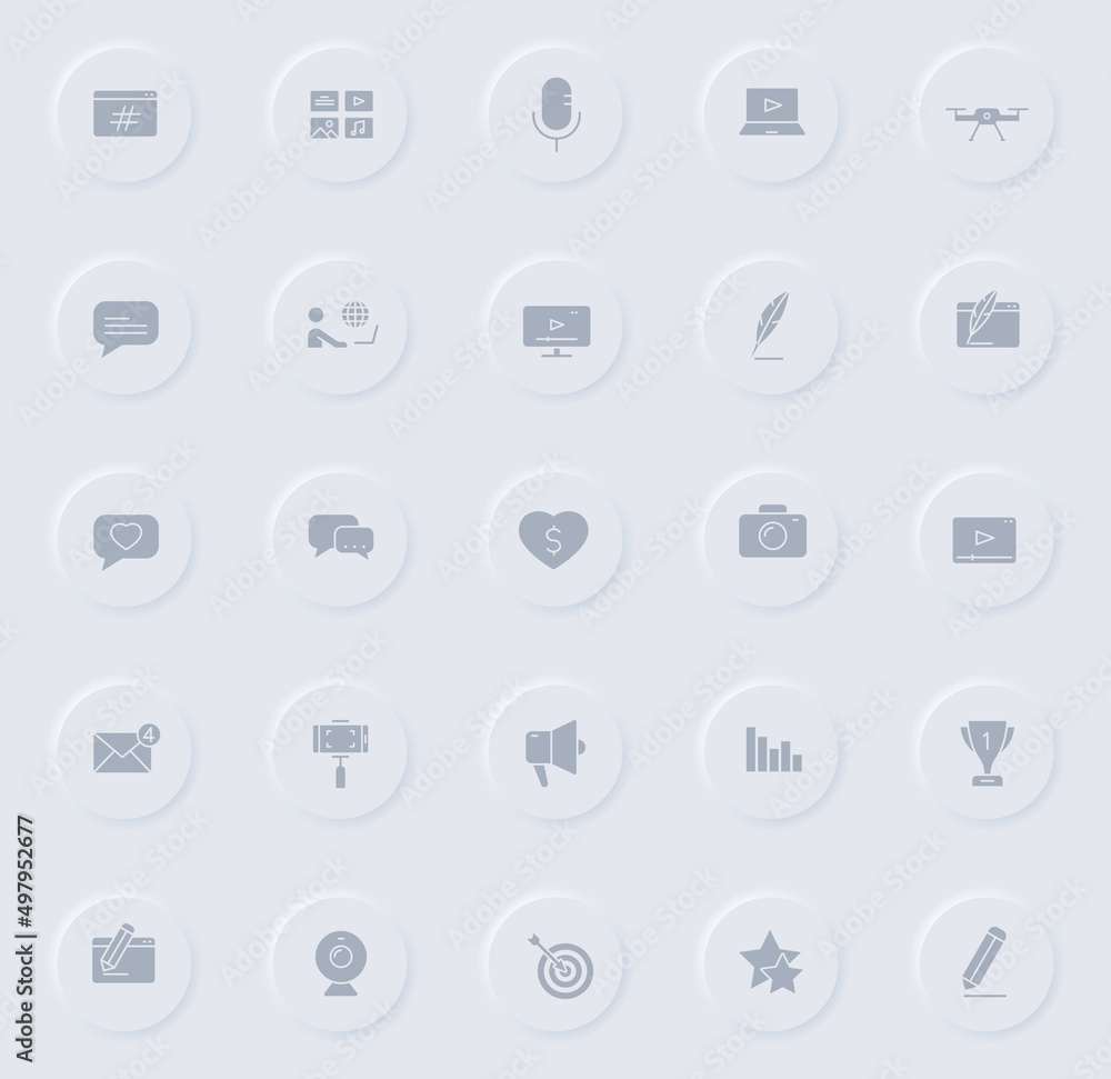 Poster blog gray vector icons on round rubber buttons. blog icon set for web, mobile apps, ui design and pr