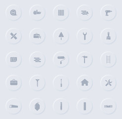 construction gray vector icons on round rubber buttons. construction icon set for web, mobile apps, ui design and promo business polygraphy