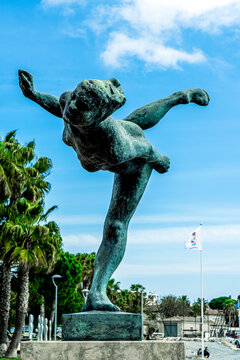 Cagnes-Sur-Mer, FRANCE, 25.03.2021: Sculpture of sports woman located along the mediterranean sea an open air museum in downtown.