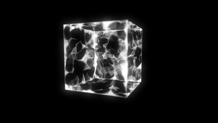 Space cube. Network connection structure cyberspace with moving particles in a closed room. Big data visualization. Abstract cyber security background. 3D rendering.