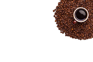 Cup of coffee on coffee beans isolated on white background.