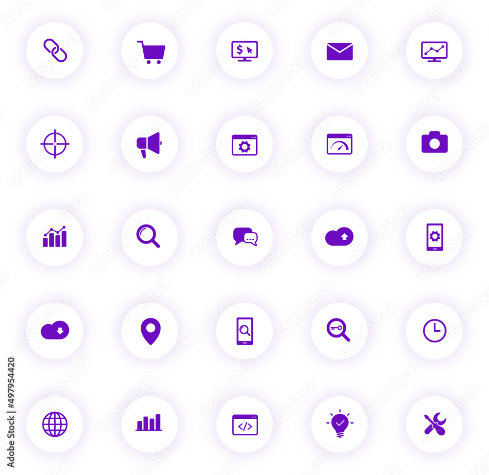 Poster seo purple color vector icons on light round buttons with purple shadow. seo icon set for web, mobil